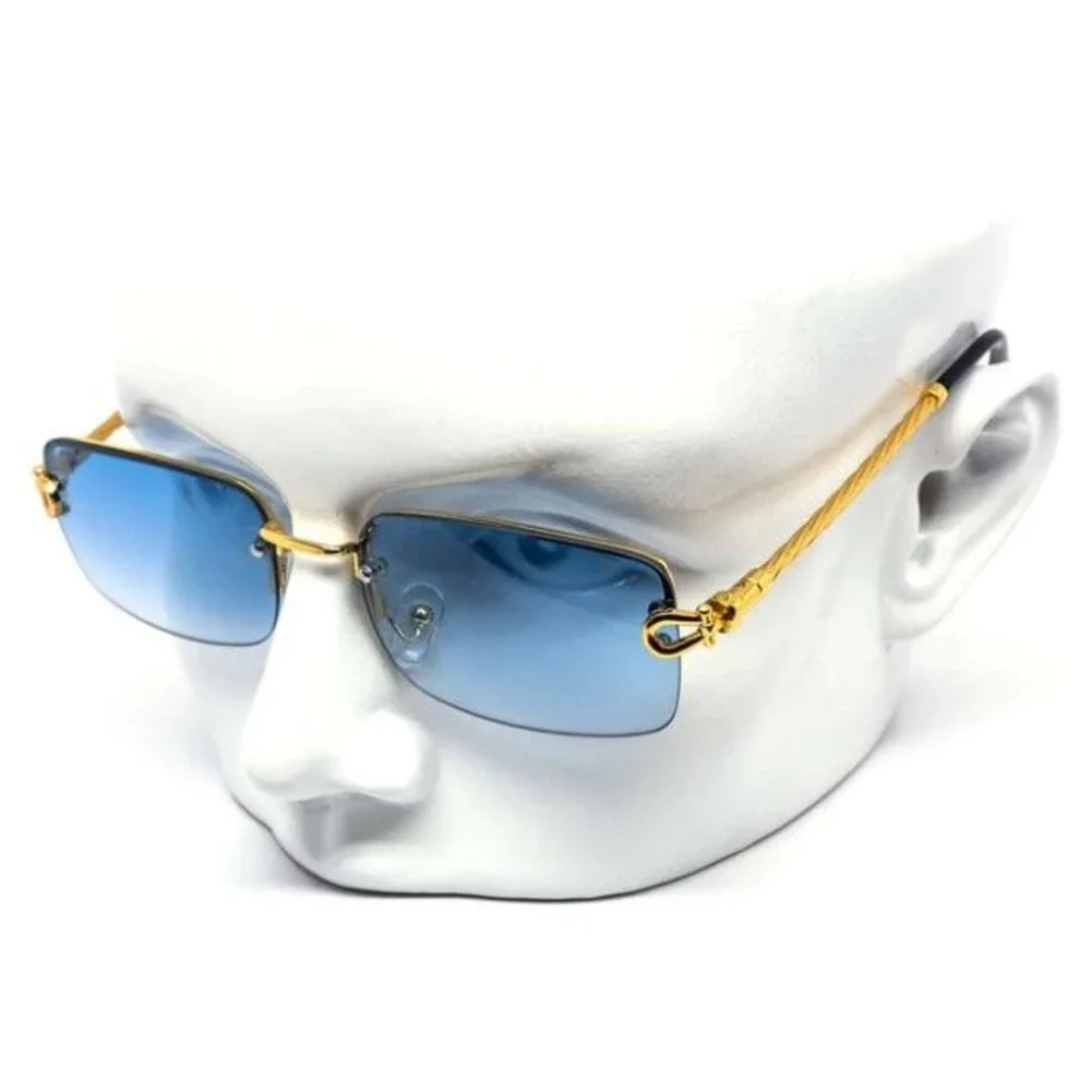 Rimless‎ Rectangle Sunglasses Blue Lens Gold Frame Men's Fashion Hip Hop Classic